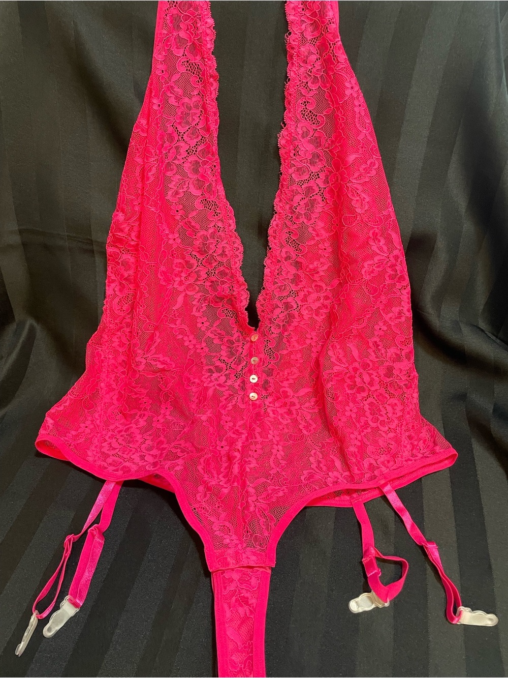 Hot Pink Lace Plunge Teddy with Garter Straps